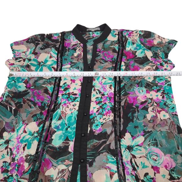 NY Collection Womens Medium Sheer Blouse Floral Mesh Button Up Top Bloomcore - Picture 6 of 8